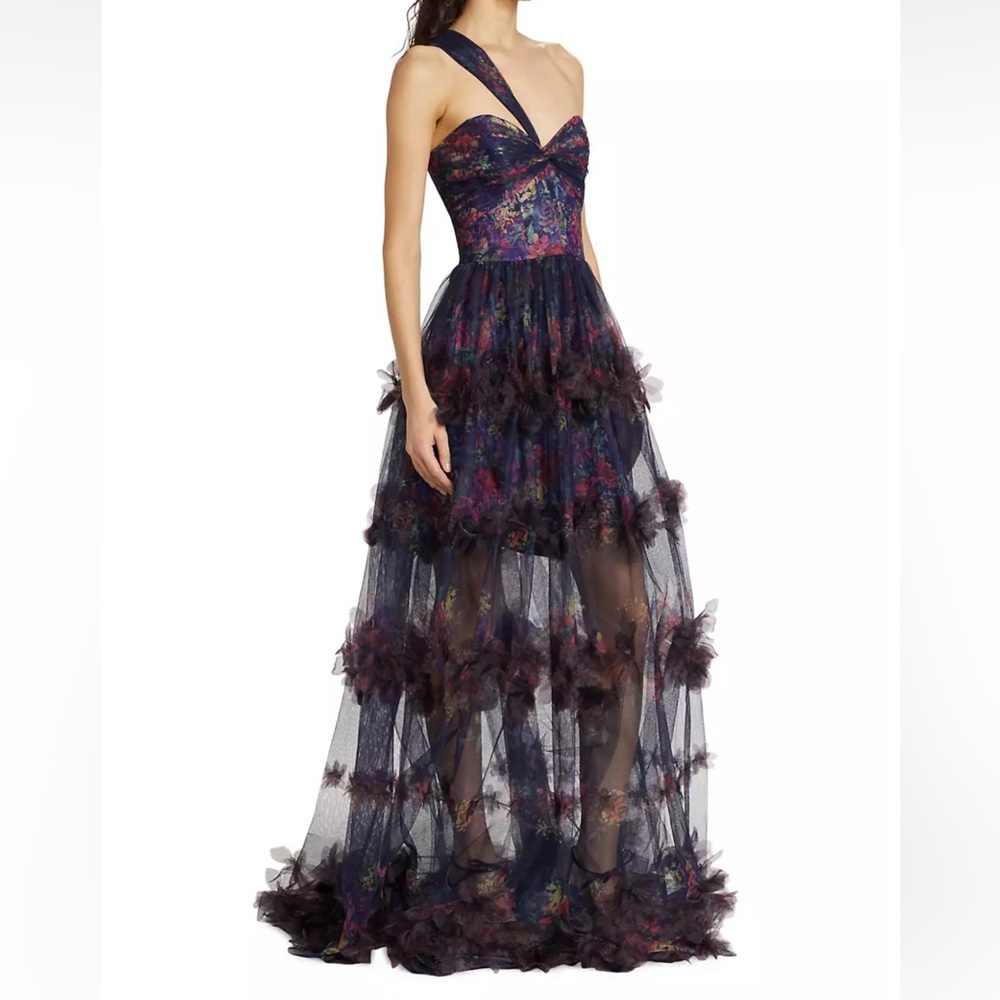 Marchesa Notte one shoulder watercolor gown